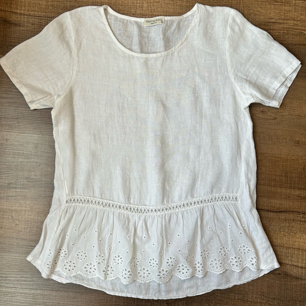 Terzo Millennio White linen Blouse with Eyelet Detail made in Italy